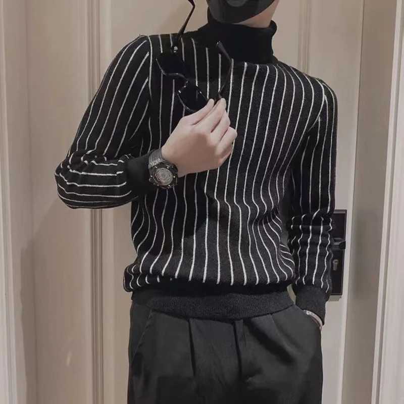 Fashion Printed Knitted Spliced Korean Turtleneck Striped Sweater Men Clothing 2022 Autumn New Loose Casual Pullovers Warm Tops Z250725
