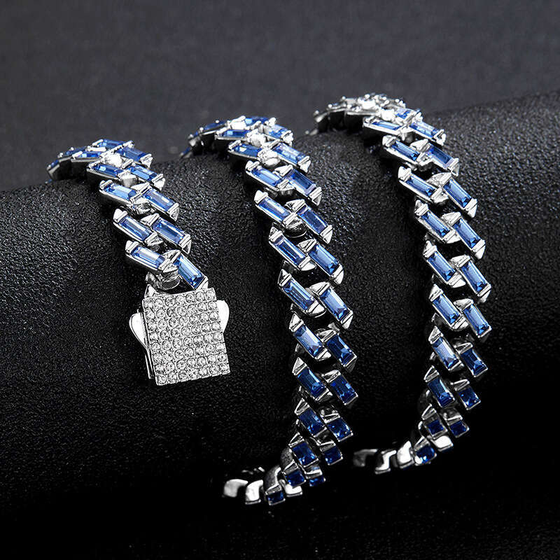 New Blue T Square Dia Cuban Chain 13mm Men's Heavy Miami Necklace Jewelry