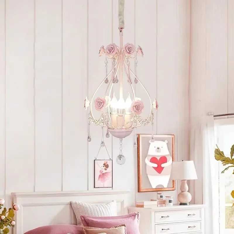 Pink Rose Bouquet Crystal Ceiling Chandelier Girls Bedroom Decorative Light Romantic Warm Children Princess Room Hanging Light XJ250725
