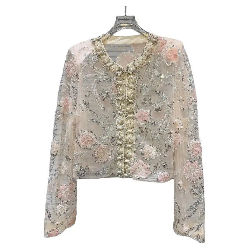 Spring Summer Women Pearls Beaded 3D Flowers Embroidery Sequin Organza Short Jacket Mesh Spliced Floral Coat Cardigan Tops 250725