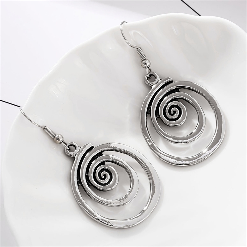 Ethnic Silver Color Metal Round Earrings Personality Retro Geometry Make Old Spiral Dangle for Women Accessories 250715