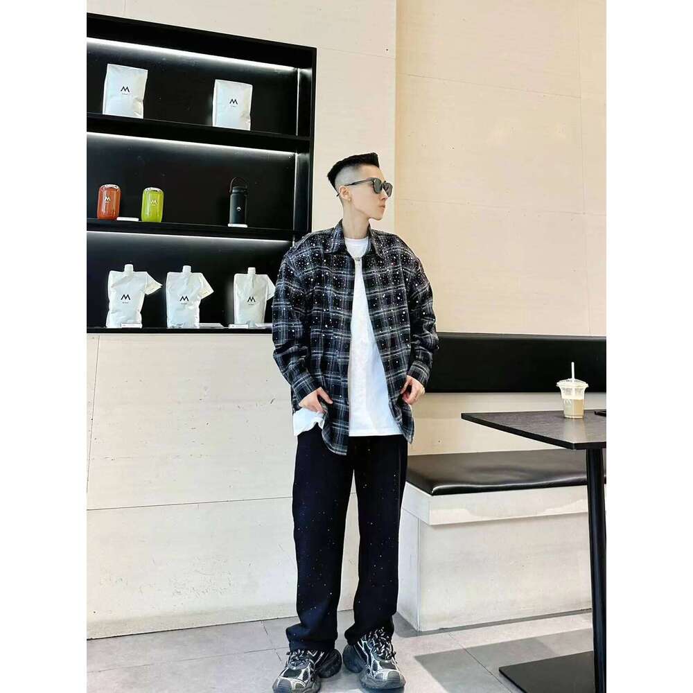 Male Original 2024 Autumn New Hot Beads Dia Plaid Men's Women's Long-Sleeve Trendy Light Shirts Jacket