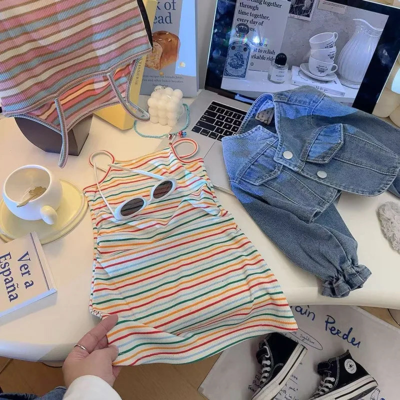 Children Suspender Striped Long Skirts Girls Baby Princess Summer Casual Vest Dresses Fashion Cute Student Kids Short Skirt 250725