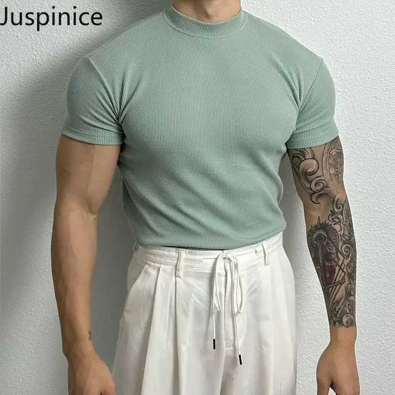 Summer Half Turtleneck Large Size Short-sleeved T-shirt Mens Elastic Casual Simple High Street Personality Tops Male Clothes Z250725