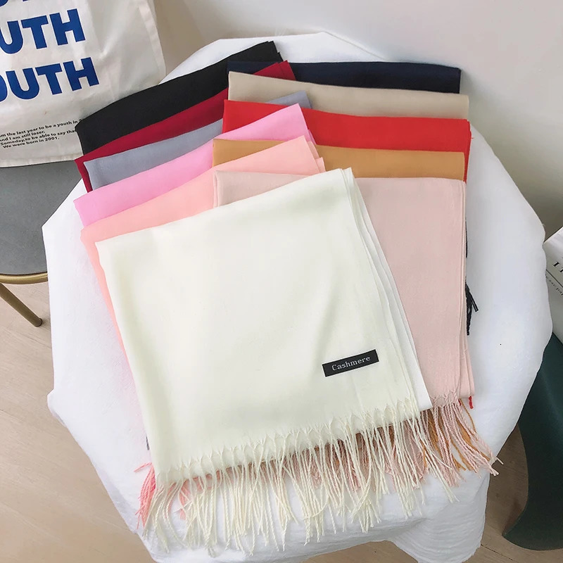 Solid Color Hijabs Cashmere Like Scarf Women Winter Warm Long Shawls And Wraps Hijab Scarves Pashmina Tassels Thin Headband 250724