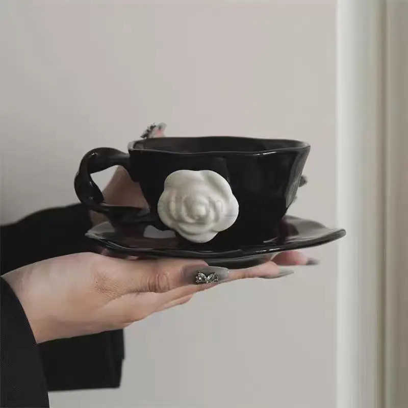 Creative French Style Camellia Coffee Cup With Saucer Handcrafted Irregular Flower Black Ceramic Mug Korean 3D White Rose Cup M250726