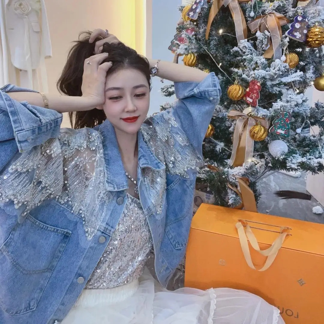 Diamond Denim Jacket Womens Clothing Spring and Autumn Lace Embroidery Cropped Denim Coat Korean Loose Fashion Retro 250725