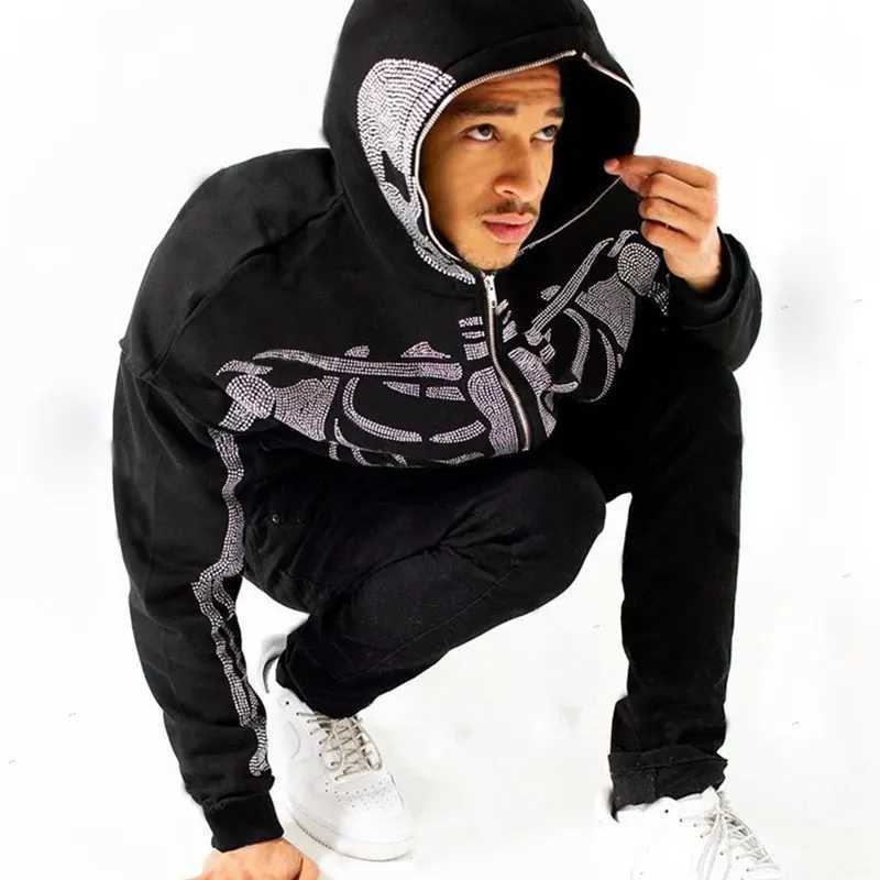 Full Zip Up Hoodie Rhinestone Skeleton Goth Sweatshirt Sport Couple Outfit Black Long Sleeve Oversized Grunge Y2k Hip Hop Jacket XJ250726 - view 6