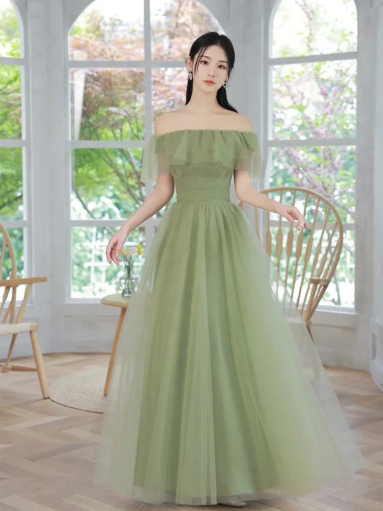 4 Styles Green Bridesmaid Dresses Simple Tulle Offshoulder Sisters Party Prom Gown Lace Up Wedding AnkleLength Vestidos 250725