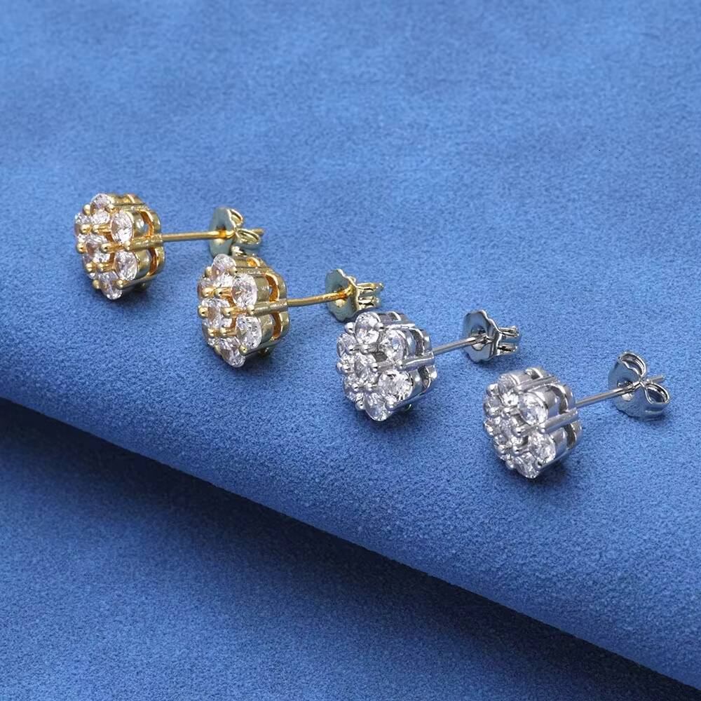 S925 Silver Moissanite Flower Personality Stud Earrings Custom Premium Sense Men Earrings Hip Hop Women Ice Out Earrings