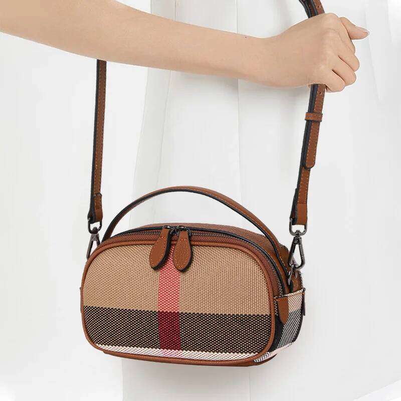 Aidrani New Women's Checkered Single Shoulder Crossbody Bag, Made Of Canvas Cowhide Material, Mini Circular Design, Brown