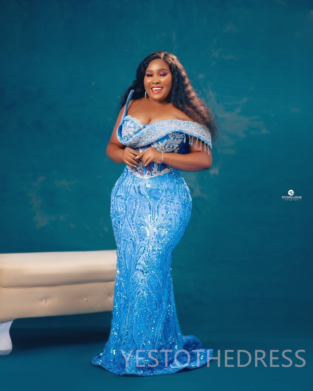 2025 Plus Size Blue Prom Dress Evening Dresses Mermaid Formal Gowns For Black Women One Shoulder Pearls Beaded Lace Birthday Dress Second Reception Go