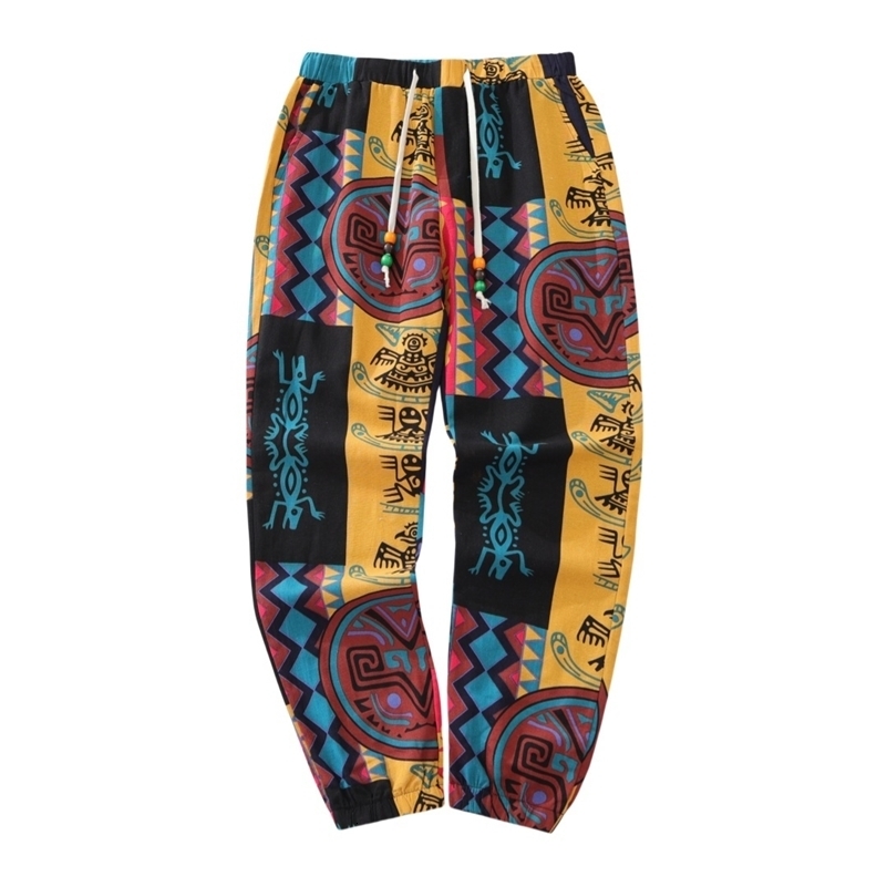 Mens Boho Tribal Print Stretch Linen Pnats Cotton Blend Drawstring LightWeight Trousers with Pockets Summer Jogger Pants 250725
