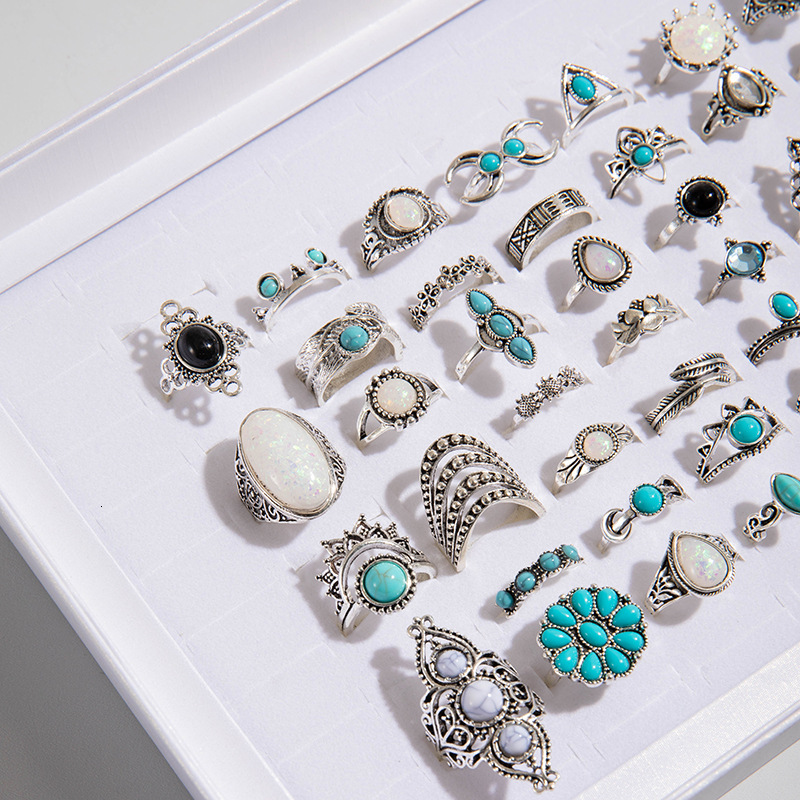 European Designer Jewelry And Luxury Jewelry American Cross-border Bohemian Style Turquoise Inlaid Flower Ring Vintage Geometric Lace Ring 48 Pieces M