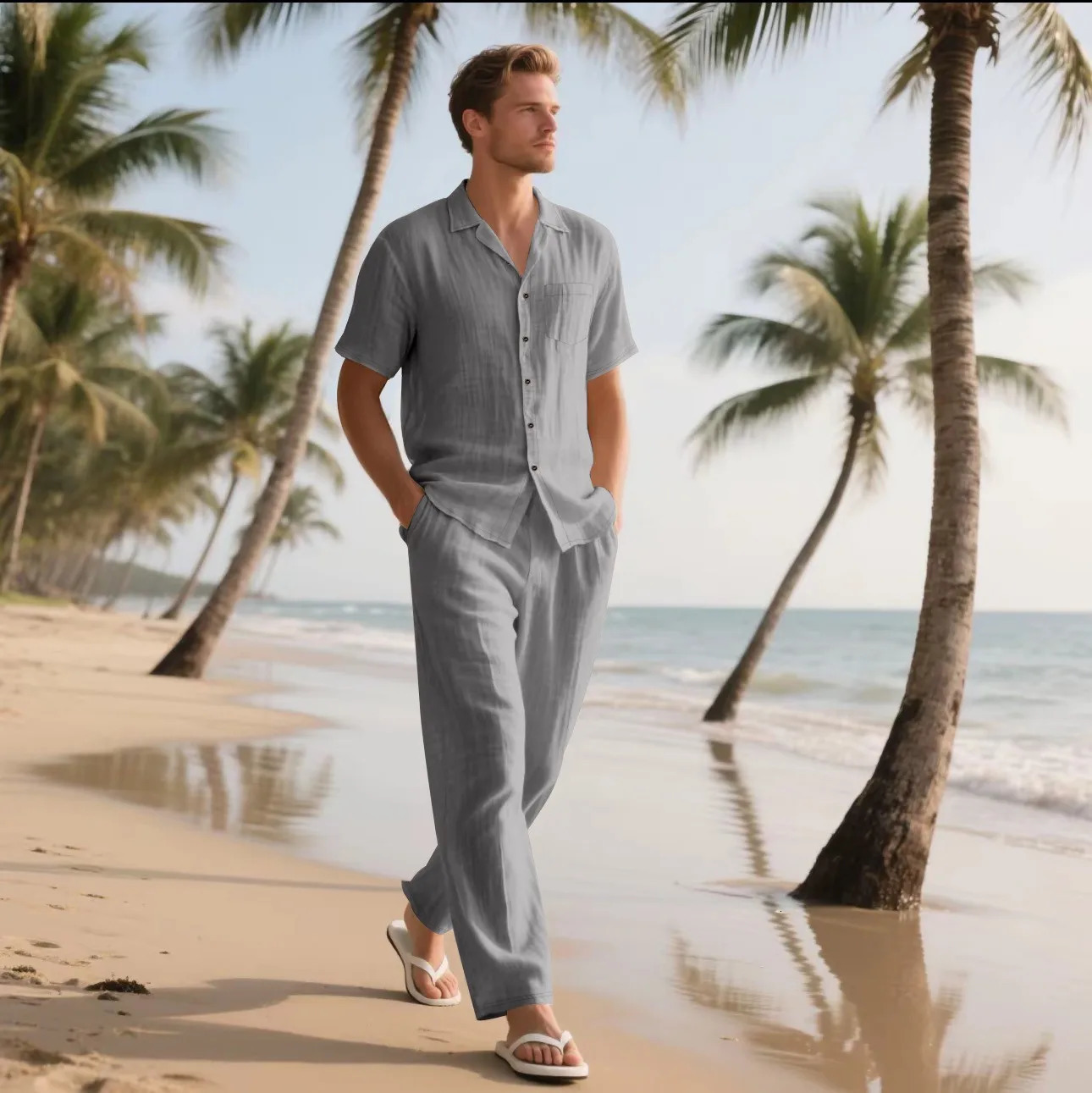 Summer Beach Mens Linen Short-Sleeved Shirt Set is a Two-Piece Long Pants Set Suitable for Daily Casual Beach Vacations 250725
