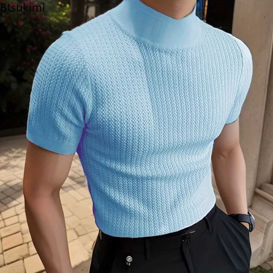 2025 Mens Summer Short Sleeve Ribbed T-Shirt Solid Half Turtleneck Slim Tee Tops Male Casual Basic Tshirt Pullover Shirts Men Z250725