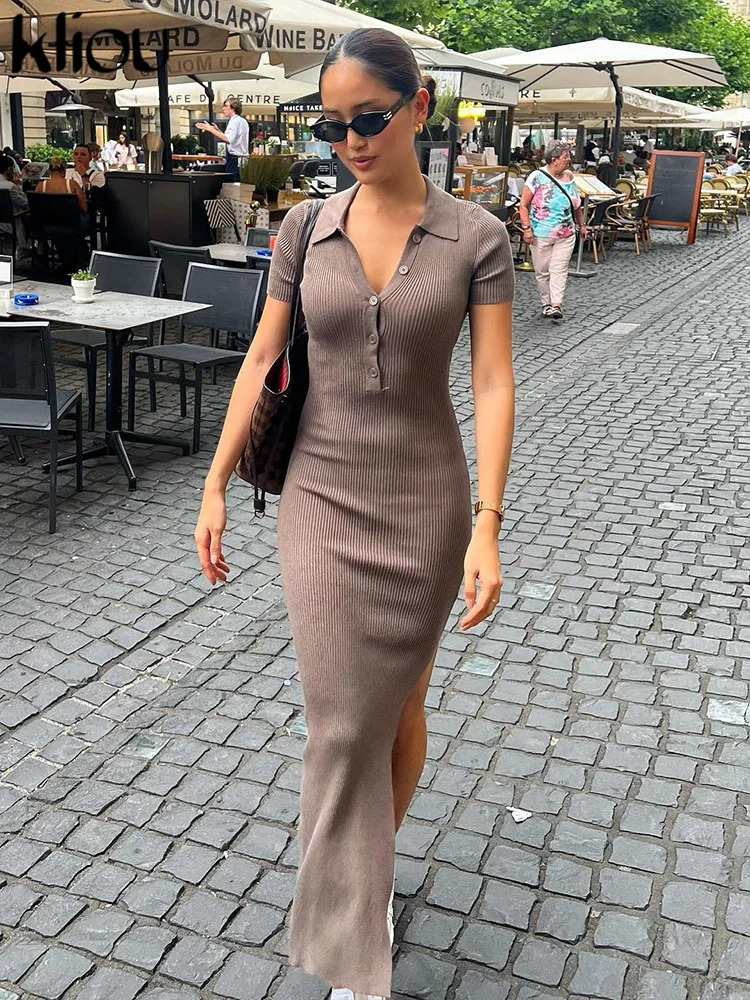 Kliou Elegant Office Lady Maxi Dres Solid Fashion Turndown Collar Short Sleeve Button Side Slit BodyShaping Street Robe 250717