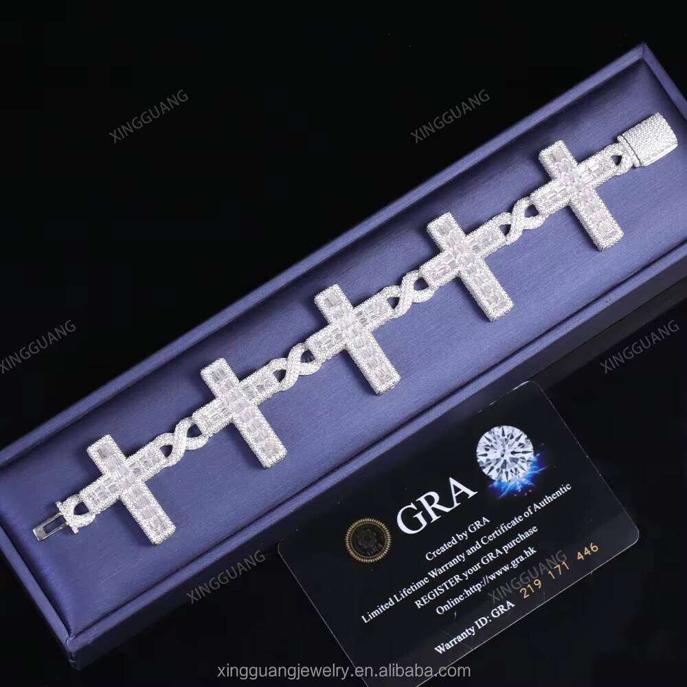 Wholesale Customization Dia Miami Cuban Hip Hop Fine Jewelry Bracelet VVS Moissanite S Sier Cross Chain Men