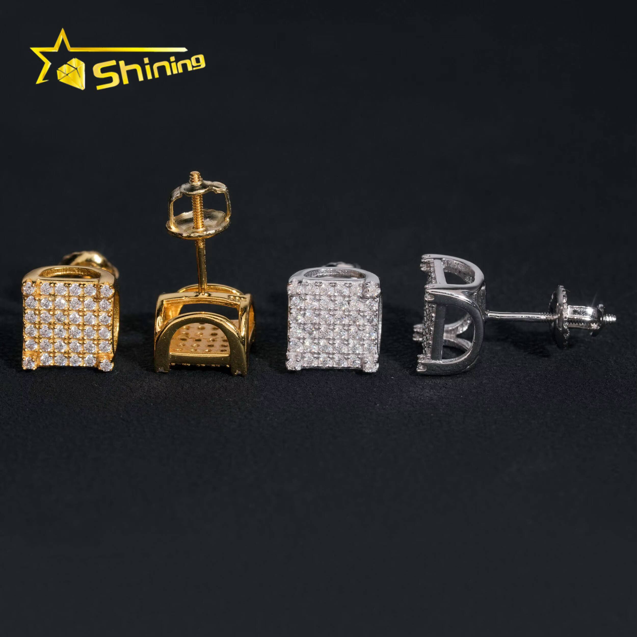 Wholesale Price Gold Plated 925 Silver 8mm Width Moissanite Earrings Hip Hop Jewelry Men Women Moissanite Ear Studs