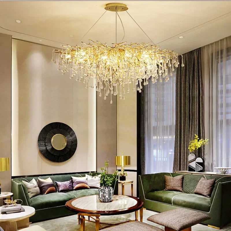 Luxury Crystal Chandelier Gold Chrome Water Drop Suction Branch Ceiling Light Living Room Hotel Lobby Villa Interior Decor Lamps XJ250725