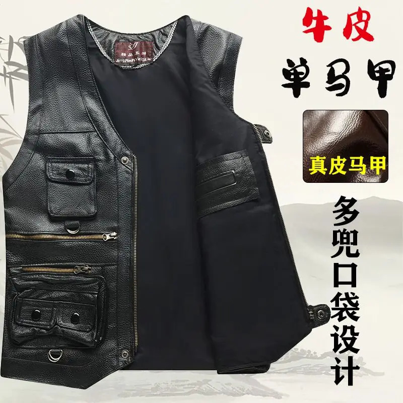 2024 Cowhide Genuine Leather Man Vest Waistcoat Male clothing Jacket Thick Motorcycle Multi Pocket leather biker Men safety vest 250725