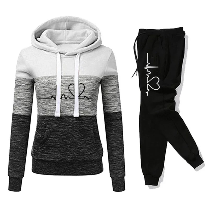 Women Tracksuit Printing Hooded Sweatshirt Sweatpant Color Block Versatile Casual Jogging Pullovers Sport Trousers Outfits S-3XL 250723