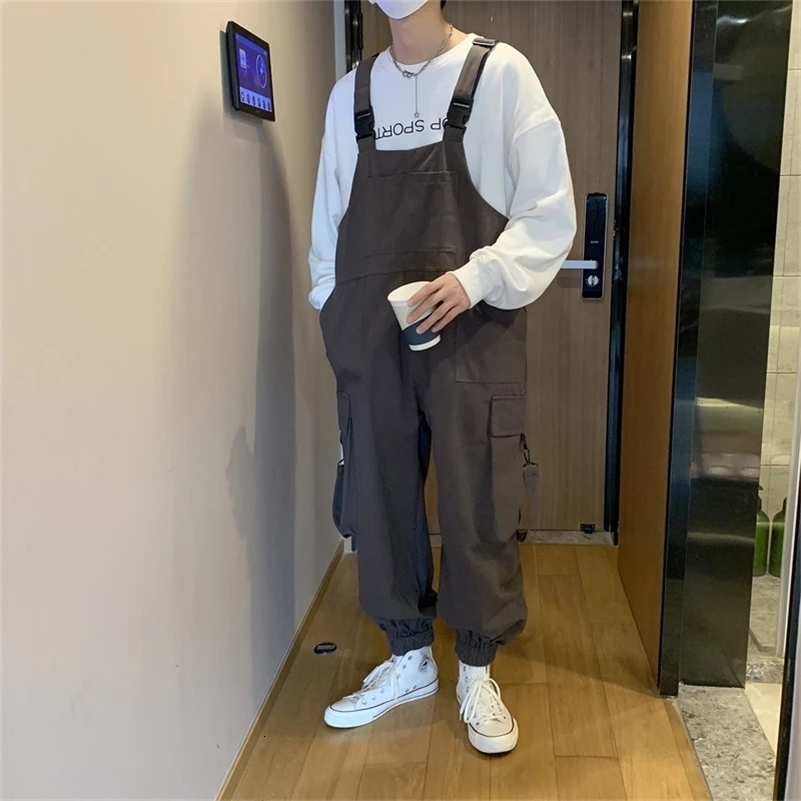 Suspenders Jumpsuit Pants Men Summer Overalls Japanese Loose Straps Casual Pockets Unisex Oversize Streetwear Solid Man Clothing y250725