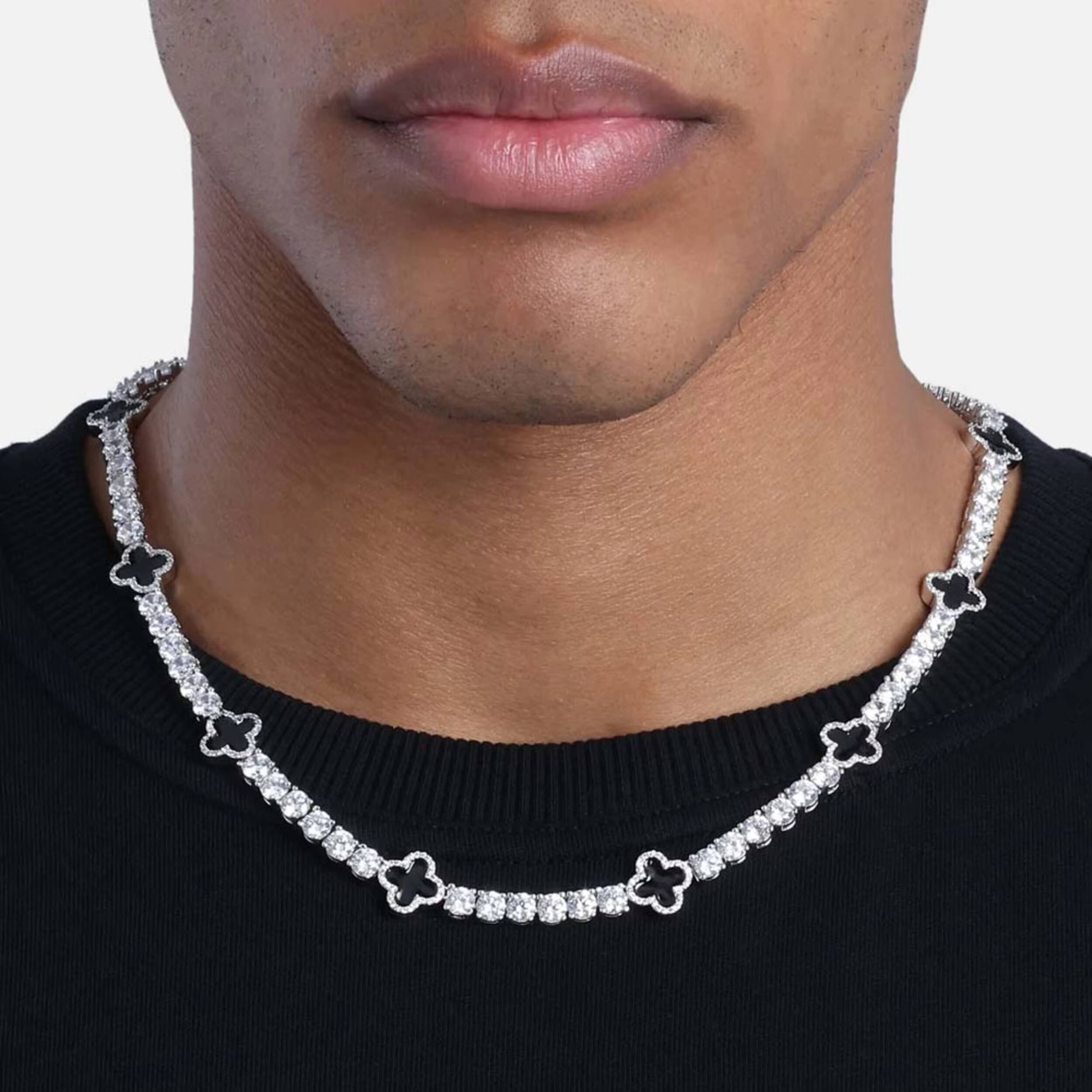 VVS Moissanite Tennis Chain with Black Agate Clover Leafs Iced Out Moissanite Necklace Officiant Gift Anniversary Gift