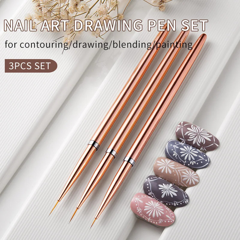 Rose Gold 3Pcs/set Nail Art UV Gel Liner Painting Brushes Drawing Flower Striping n Manicure Tools Kits 7/9/11mm 250716