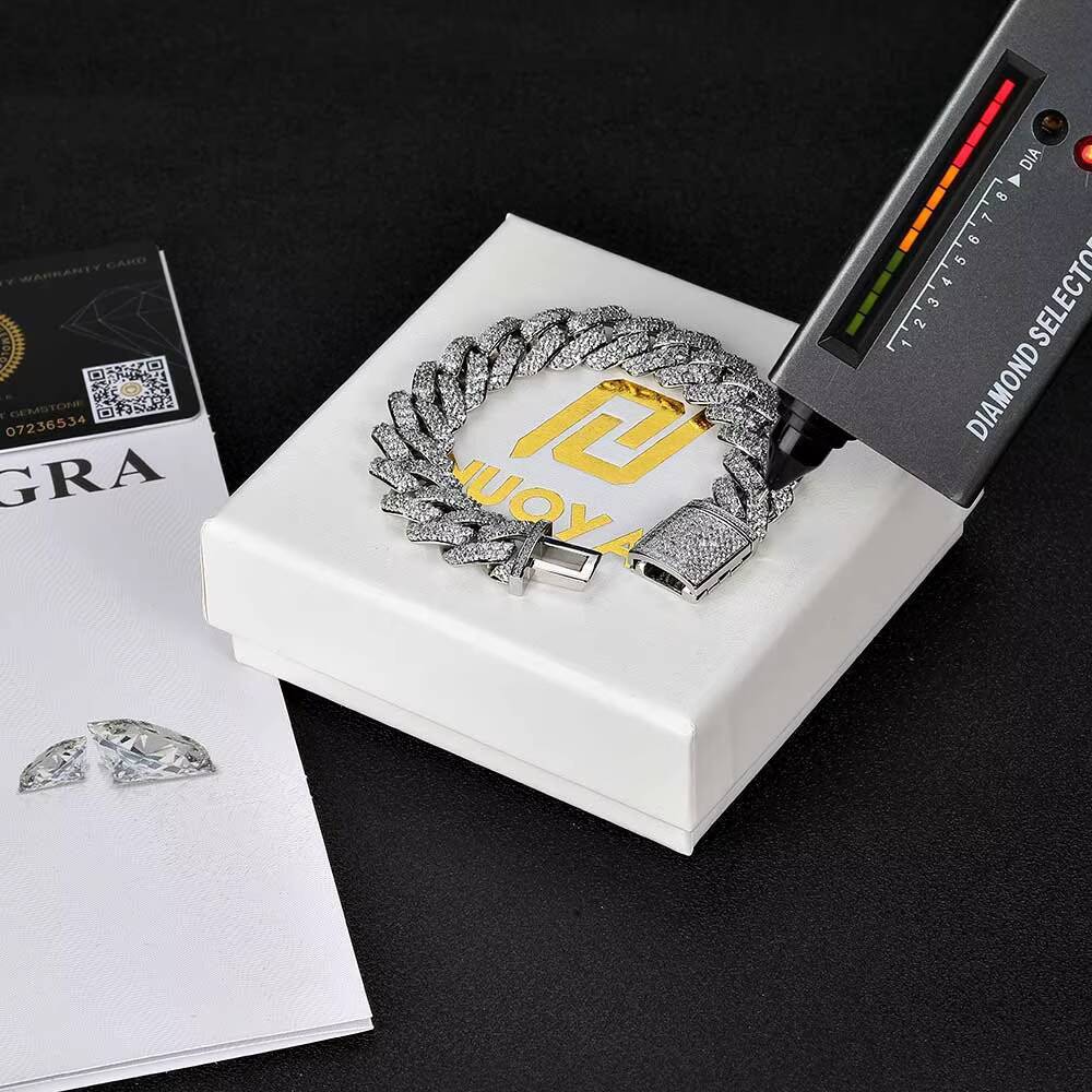 NUOYA 10/15MM Two Rows VVS Moissanite Iced Out Diamond Chain 925 Sterling Silver Necklace Miami Cuban Link Chain for Men