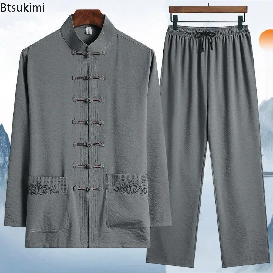 Traditional Chinese Style Men Ice Silk Two Pieces Spring Summer Thin Stand Collar Tops Pants Hanfu Tang Suit Man Embroidery Sets 250724