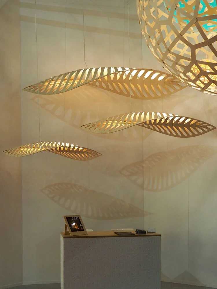 Nordic Wabi Sabi Fish Bone Wood Ceiling Pendant Light Home Decor Living Room LED Chandelier Bar Cafe Hanging Lamp Lustre Fixture XJ250725