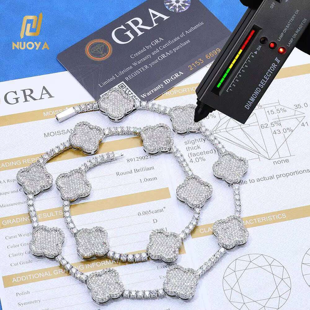 NUOYA Hip Hop Fine Jewelry Sterling Sier Four-Leaf Clover White Gold VVS Moissanite Tennis Chain Bracelet for Women Gift