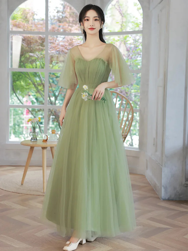 4 Styles Green Bridesmaid Dresses Simple Tulle Offshoulder Sisters Party Prom Gown Lace Up Wedding AnkleLength Vestidos 250725