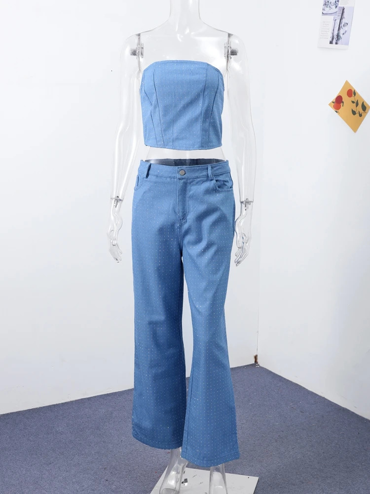 Sexy Sequin Denim Vest Pants Set Women Y2K Solid Sleeveless Tube Crop Top High Waist Zipper Jeans Fashion Street Party Sets 250723