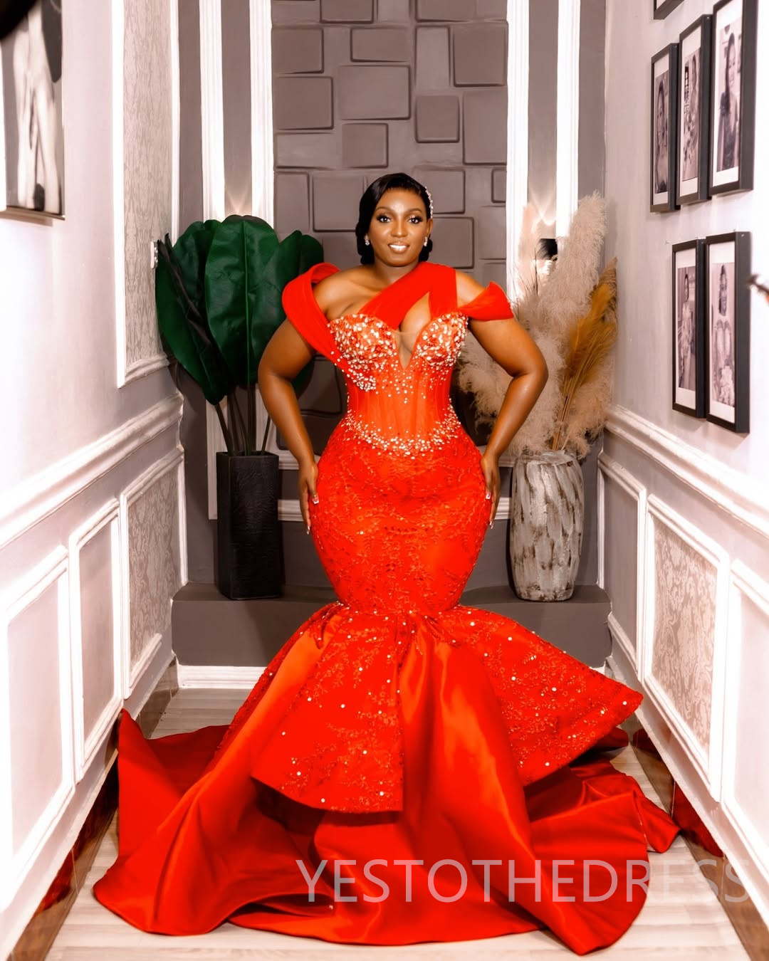 2025 Plus Size Red Prom Dress Evening Dresses Mermaid Formal Gowns For Black Women One Shoulder Pearls Beaded Lace Birthday Dress Second Reception Gow