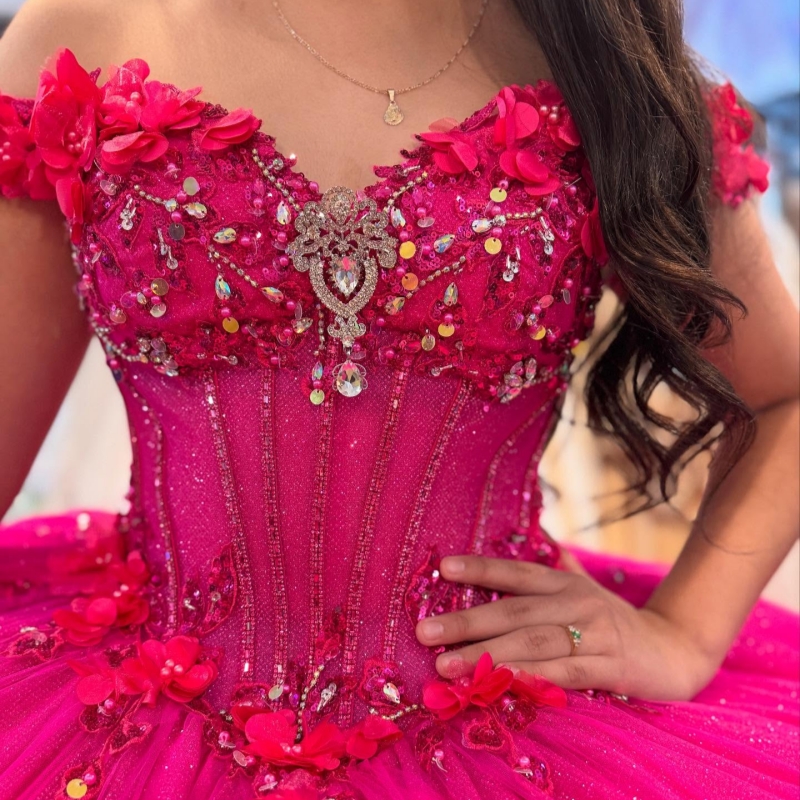 Rose Red Shiny Quinceanera Dresses Ball Gown Off The Shoulder Sequin Applique Flower Beads Bow Tull Party Birthday Sweet 16 Dress Vestidos 15 Anos