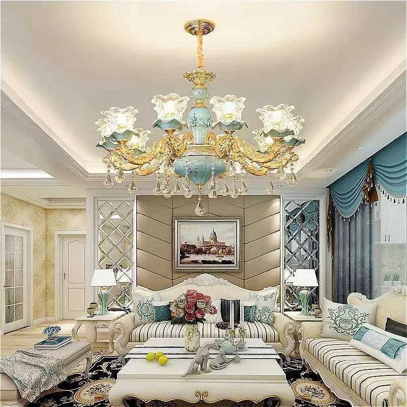 Chandelier Luxury Crystal Blue Ceramic For Living Room Ceiling Lamp Villa Bedroom Dining Room Indoor Home Decor Lighting Fixture XJ250725
