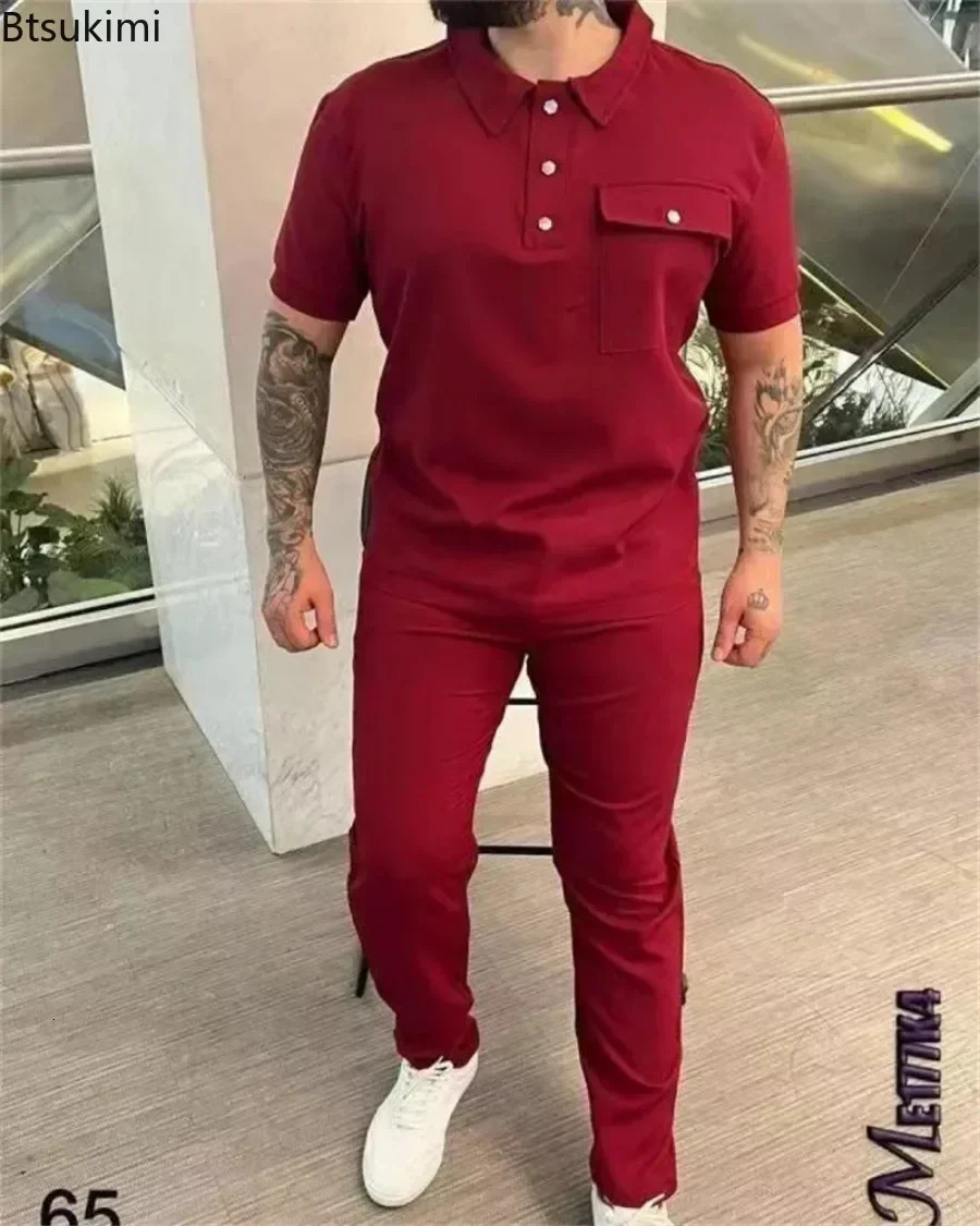 2025 Mens Casual Sport Sets 2PCS Short Sleeve Polo TShirtsPants Suits Sets Solid Spring Autumn Twopiece Tracksuit Mens Sets 250724