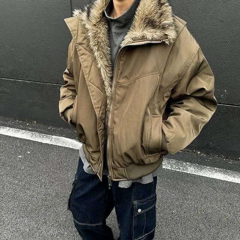 Winter New Warm Plush Y2K Retro Solid Color Cotton Coat Men Street Hip Hop Haruku Cleanfit Loose Stand-up Collar Jacket