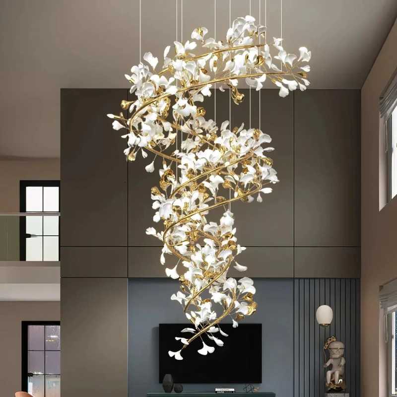 Modern Luxury Loft Ginko Leaf Chandelier for Duplex Staircase Villa Hotel Lobby Artistic Large Long Ginko Leaf Pendant Lamp HallXJ250725
