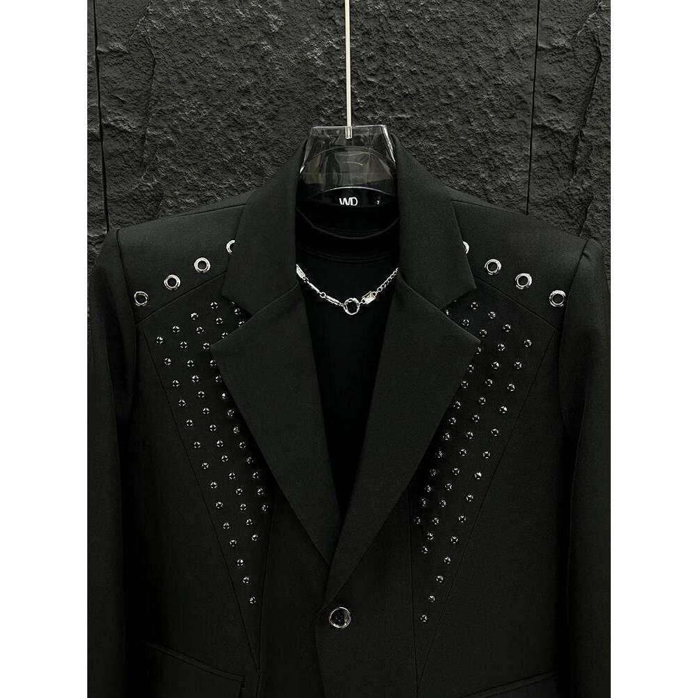 High-End Metal Hole Black Blazers Men's 2025 Spring Autumn New Handsome Loose Suit Jackets Male Long Sleeve Chic Tailored Coats