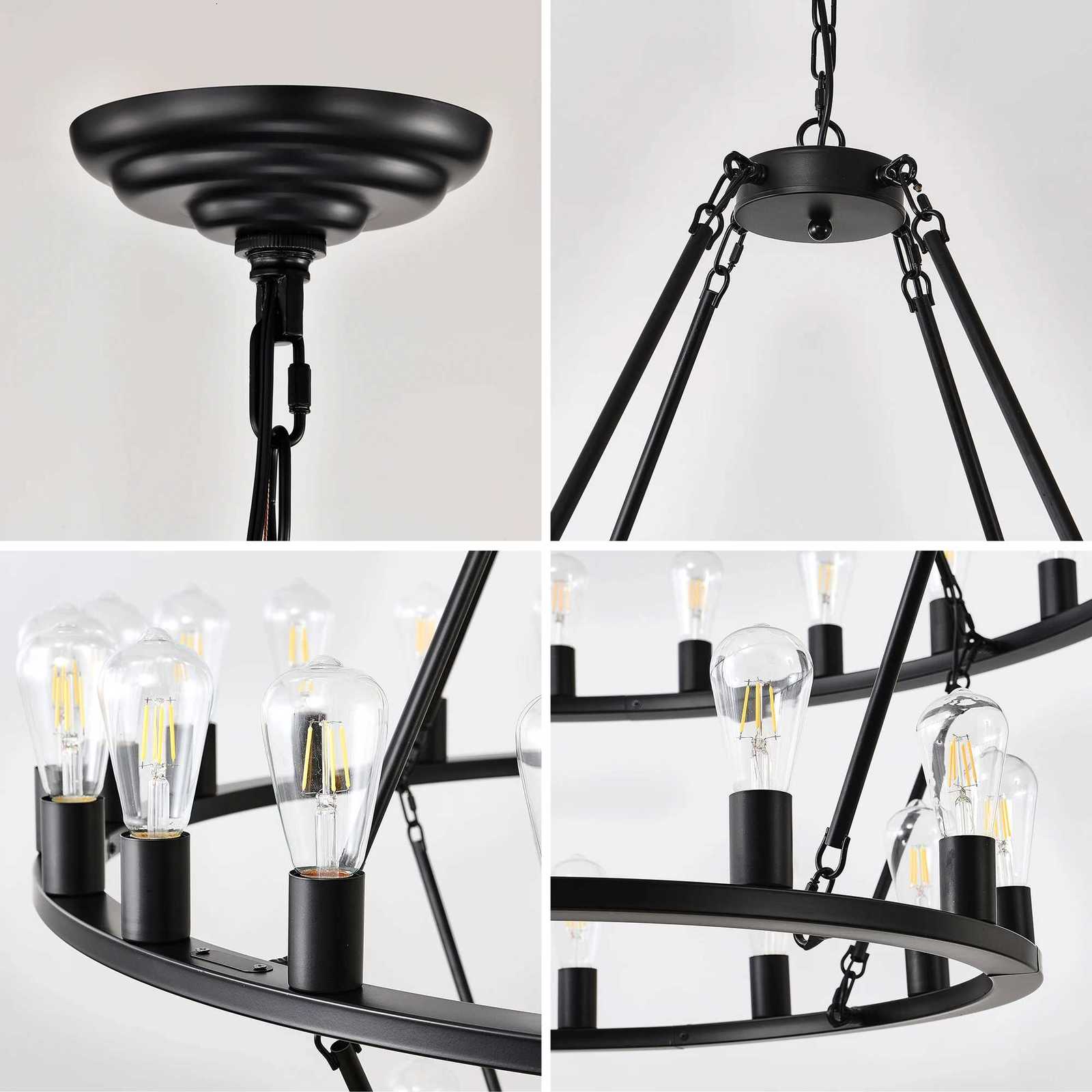 48 Inch Black Extra Large Wagon Wheel Chandelier 2 Tier 36-Lights (Not Included) Farmhouse Industrial Round High Ceiling Pendant Light XJ250725