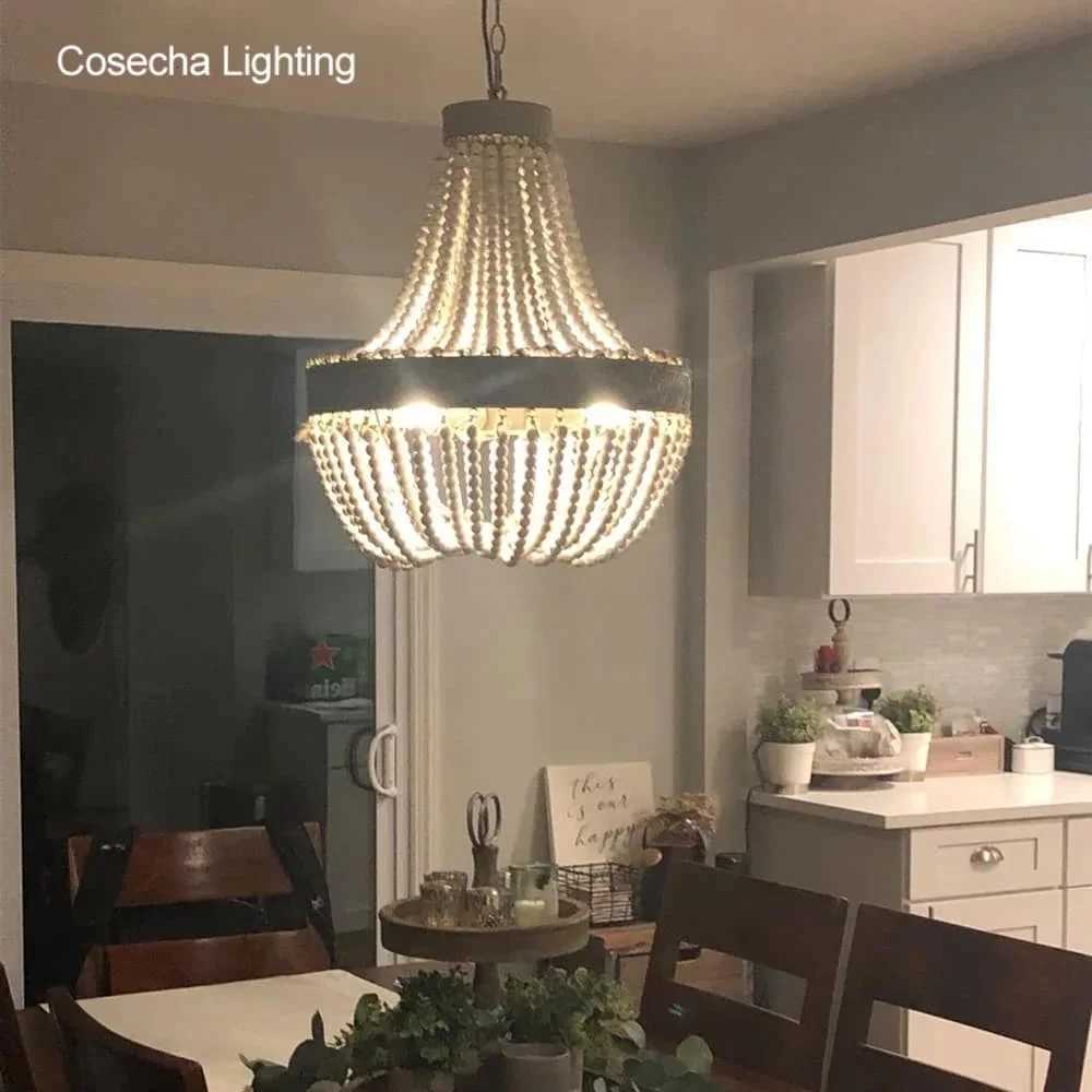 French Antique White Wood Bead Chandeliers Vintage Gray Beaded Farmhouse Chandelier Lighting Bedroom Dining Room Retro LightXJ250725