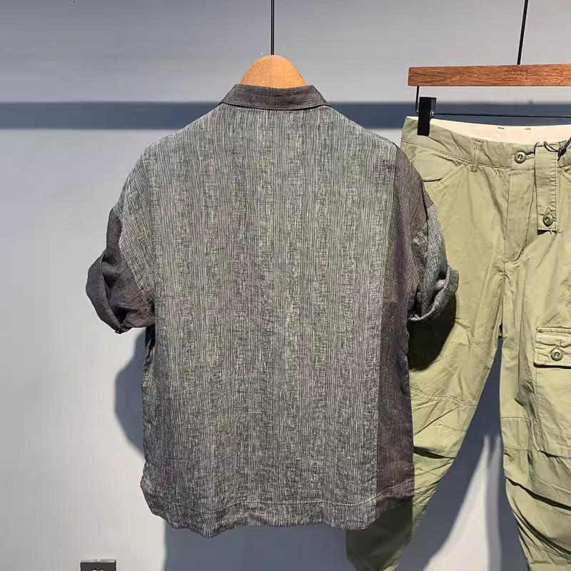 Light Linen Short Sleeve for Men, Summer Large Size, 150kg American Style Casual Patchwork Color Block Youth Shirt