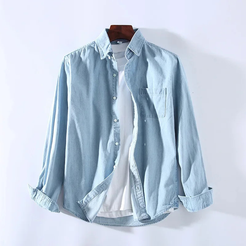 Mens Casual Denim Shirt Fashion Simple Cotton Slim Jean Long Sleeve Male Clothes Top Blue 250725