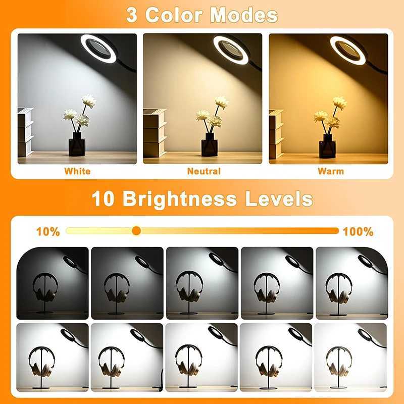 10X Magnifying Glass Desk Lamp with Metal Clamp 3 Color Modes Flexible Gooseneck Light for Bed Work Crafts DIY Repair XJ250725
