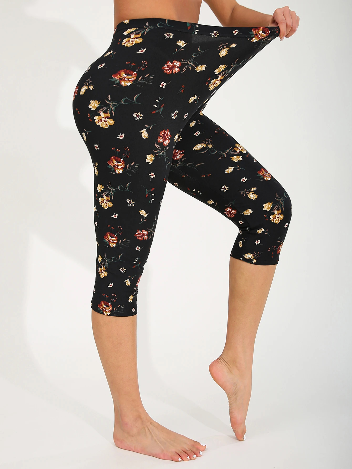 CUHAKCI Spring Summer Fashion Brushed Womens Legging Sexy Simple Yellow Flower Seven Part Pants Elastic Fitness Yoga 250725