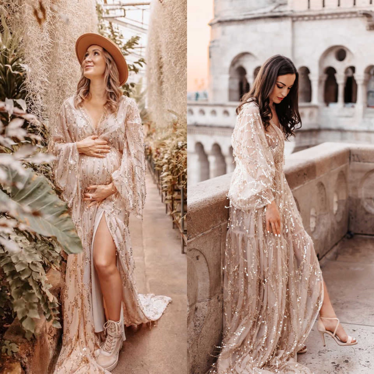 Sparkle Sequin Maternity Photoshoot Dress V Neck High Waist A Line Gown Baby Shower Dress For Photography Long Maxi Pregnancy Dress