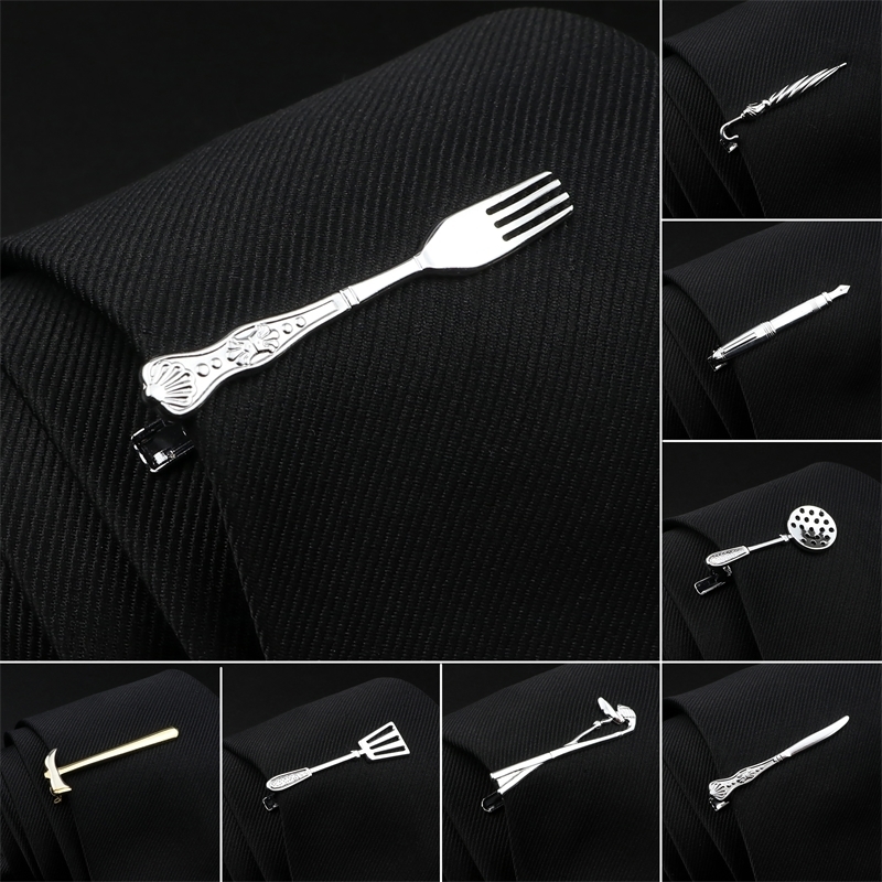 Mens Chrome Stainless Tie Clip Fork Spoon Shovel Knife Hammer Dolphin Shape Metal for Men Necktie Clips Pin Gift 250715